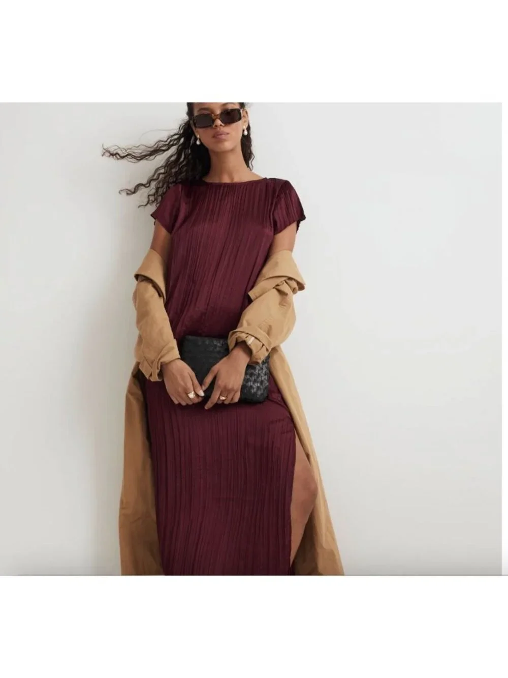 MADEWELL‎ Short-Sleeve Slip Midi Dress in Burgundy Size Medium